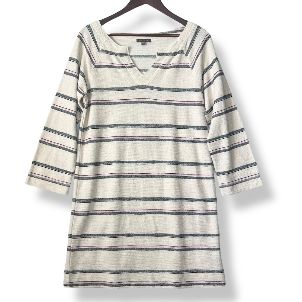 Lilla P M Dress Striped Split Neck‎ Raglan Sleeve Shift Textured Granola Neutral